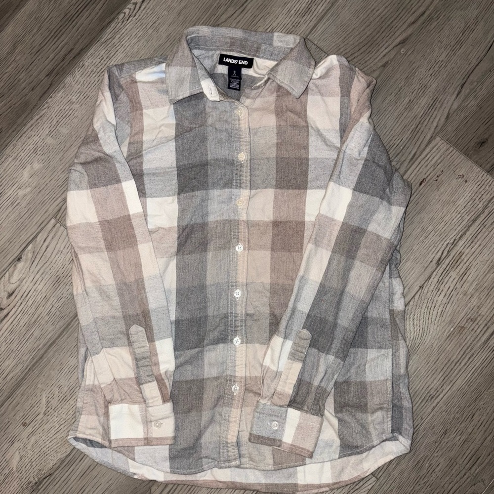 Lands' End Women’s Casual Plaid Shirt - Gray and Cream Size Small